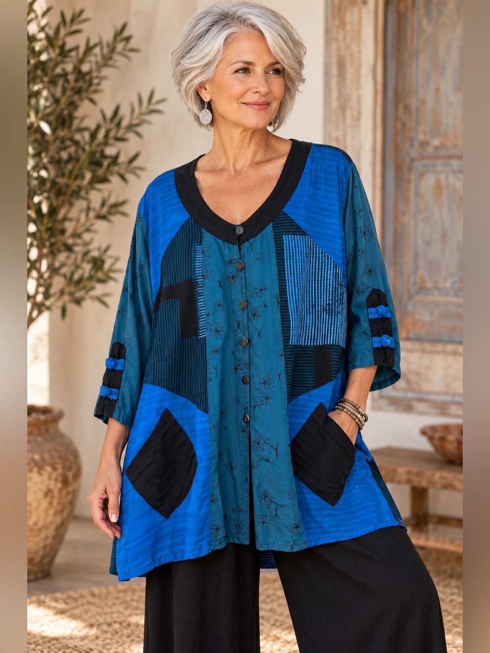 Vintage Lynz Patchwork Art to Wear Rayon Tunic Lagenlook Boho M